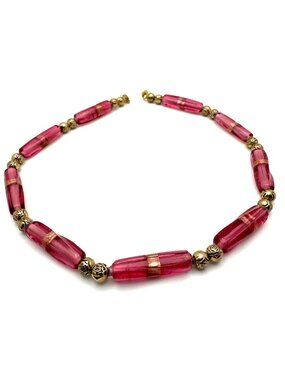 Retro Barbie Pink Bead Necklace Collar Glass Tube Vibrant Summer Classic